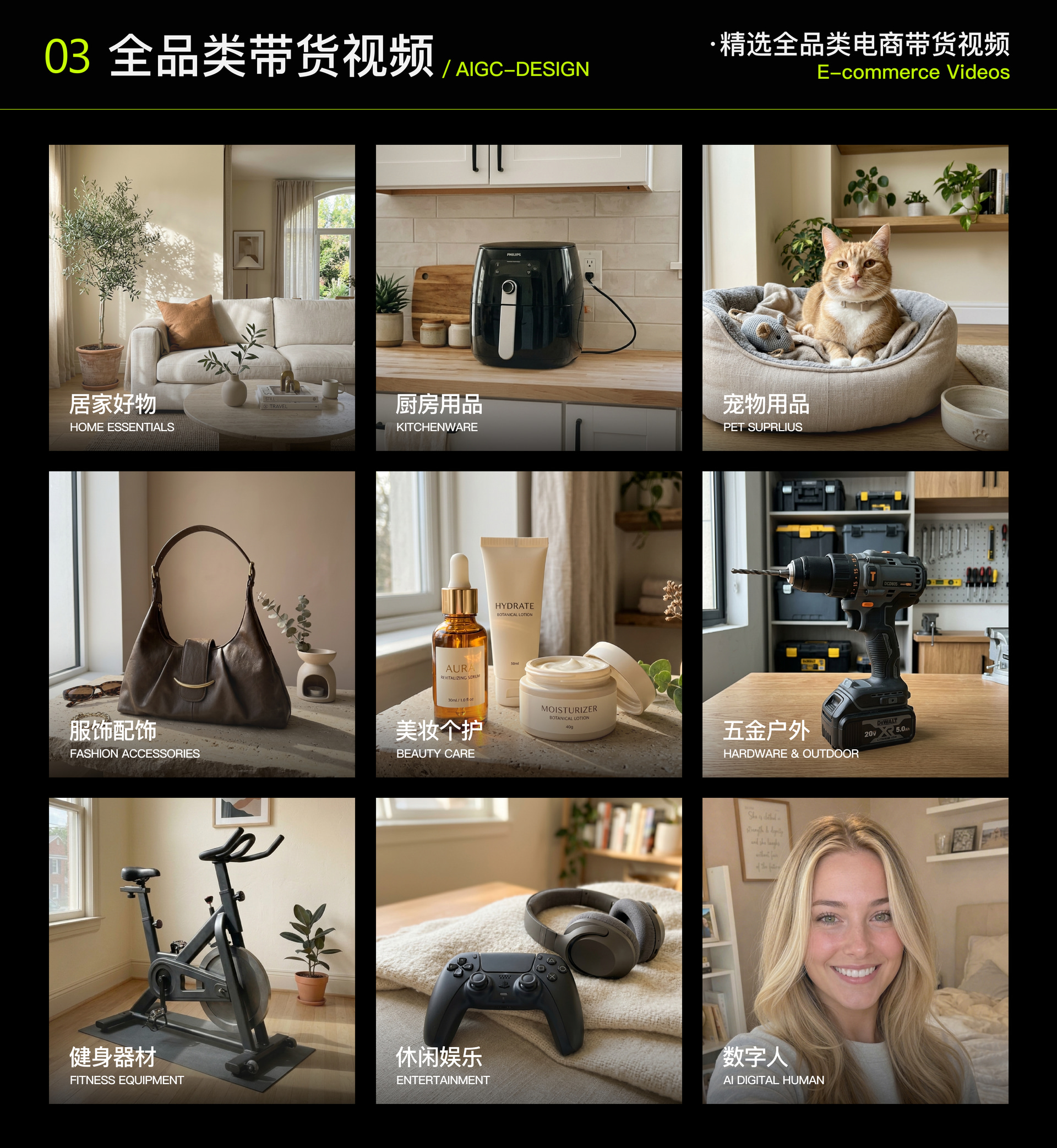 全品类带货视频：居家好物、厨房用品、宠物用品、服饰配饰、美妆个护、五金户外、健身器材、休闲娱乐与数字人作品分类
