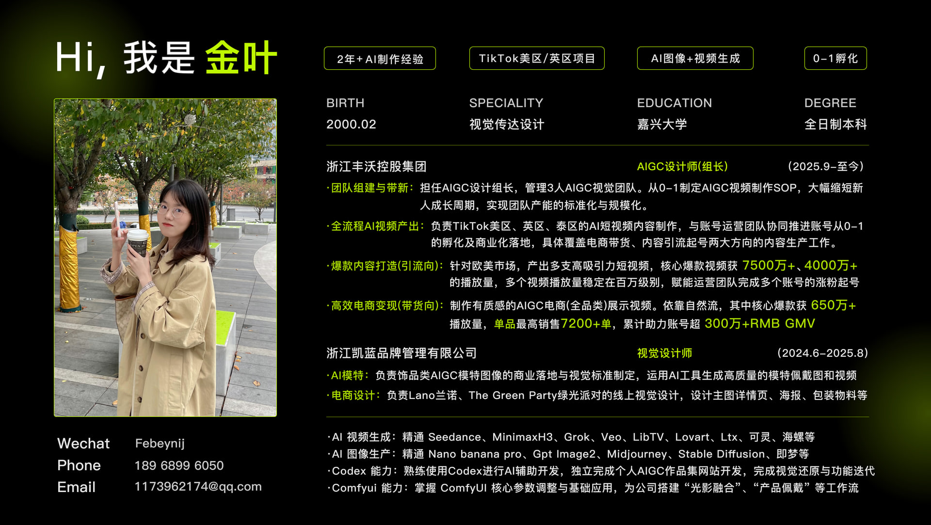 金叶个人经历：AI 图像与视频设计师的个人资料、工作经历、项目成绩与专业技能